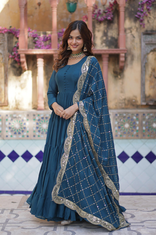 Ceremony Wear Teal Color Star Georgette Fully Flair Gown And Designer Embroidered Dupatta