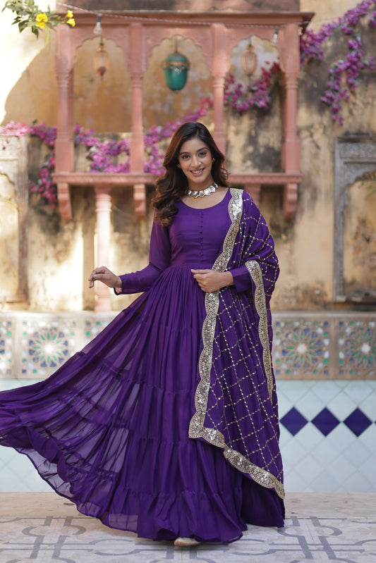 Ceremony Wear Purple Star Georgette Fully Flair Gown And Designer Embroidered Dupatta