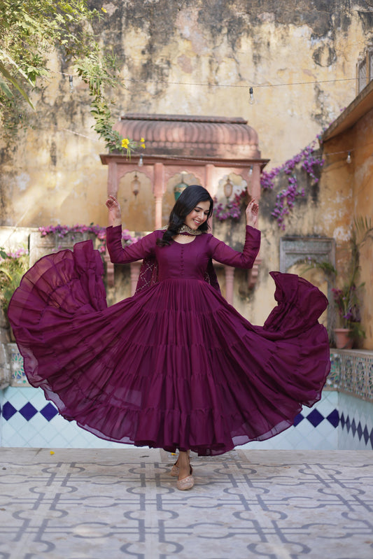 Ceremony Wear Wine Star Georgette Fully Flair Gown And Designer Embroidered Dupatta