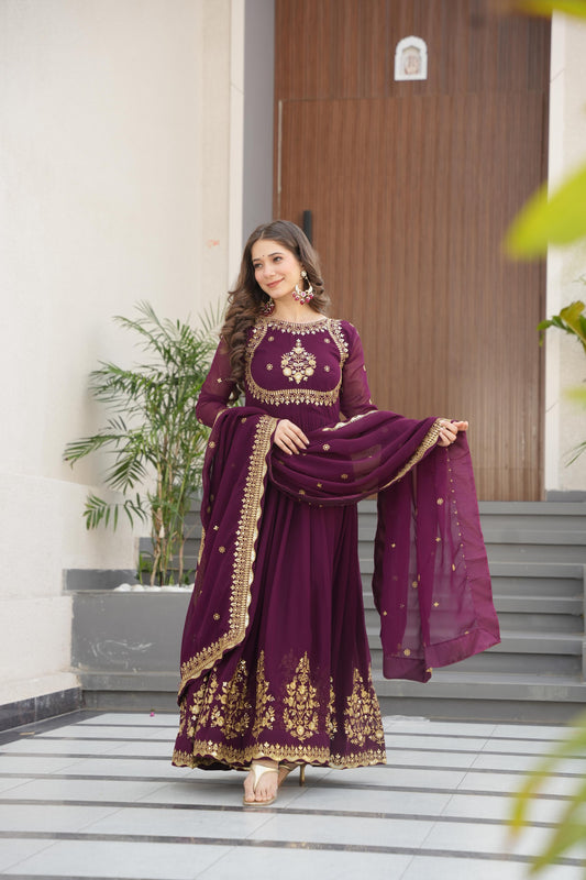 Outstanding Wine Color Faux Blooming Georgette With Zari Thread Sequins Embroidery Designer Gown