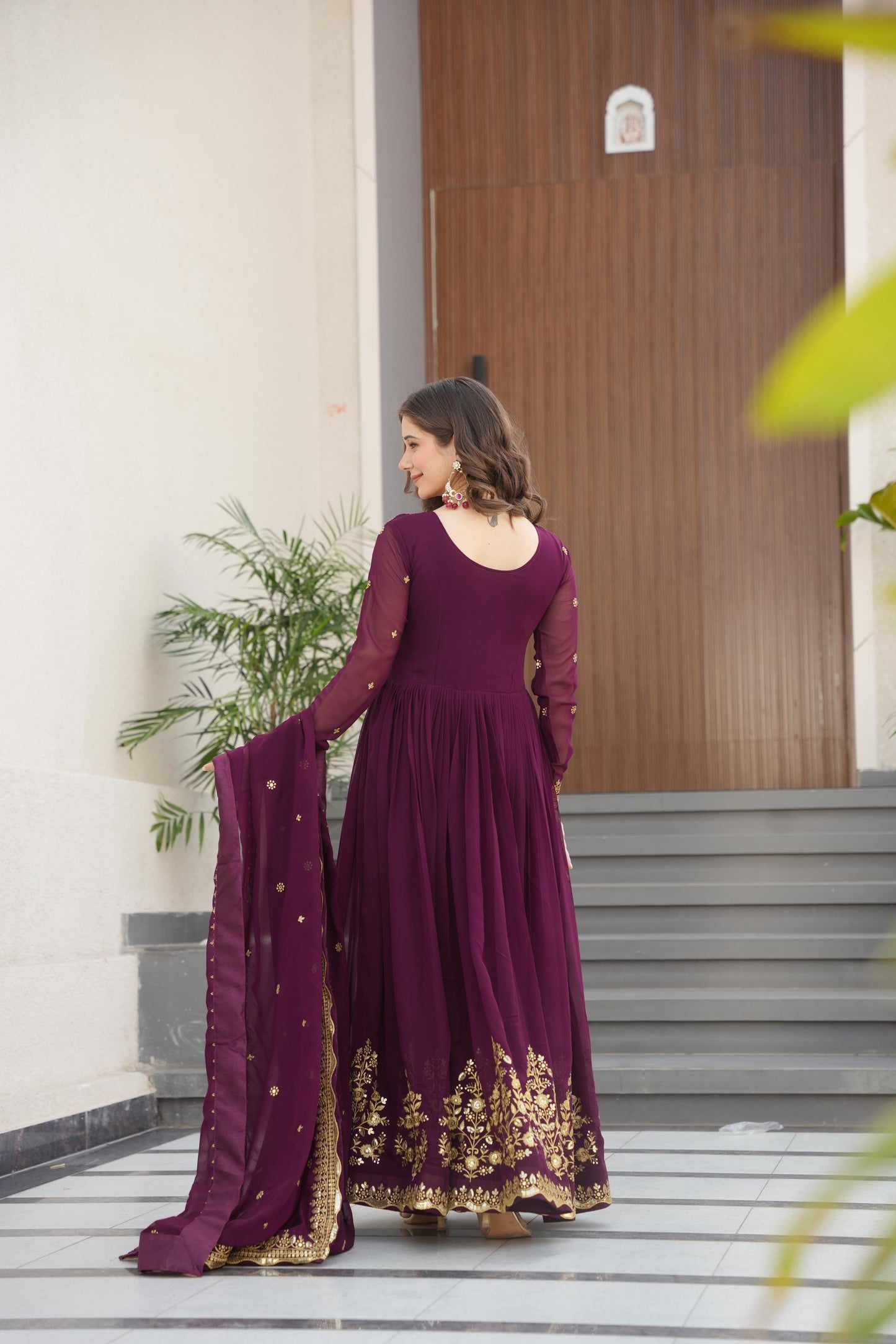 Outstanding Wine Color Faux Blooming Georgette With Zari Thread Sequins Embroidery Designer Gown