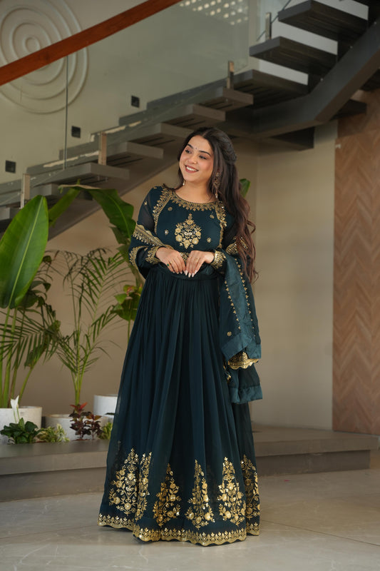 Outstanding Teal Green Color Faux Blooming Georgette With Zari Thread Sequins Embroidery Designer Gown