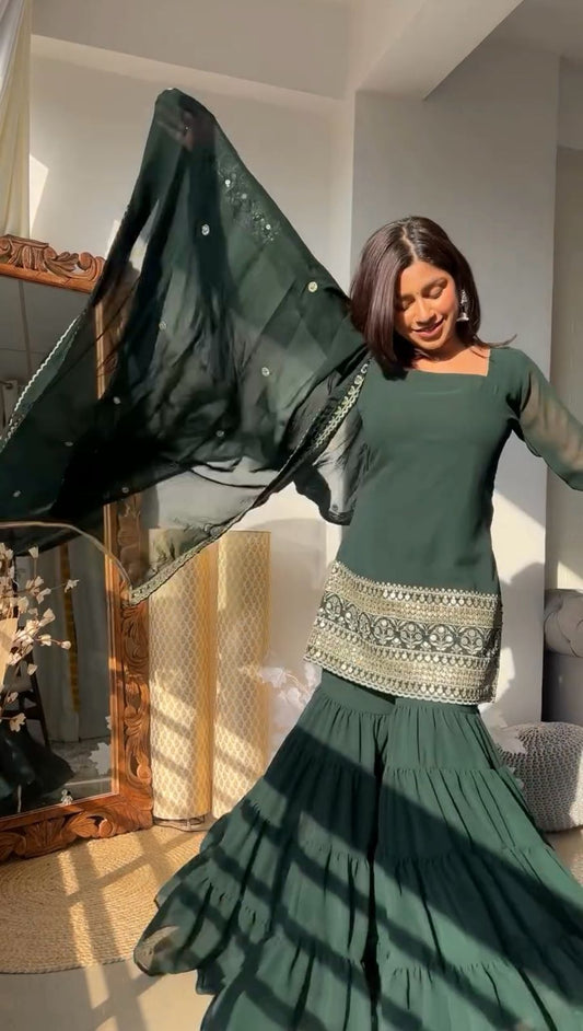 Exclusive Green Color Faux Georgette Thread With 9mm Sequence Work Beautiful Sharara Suit