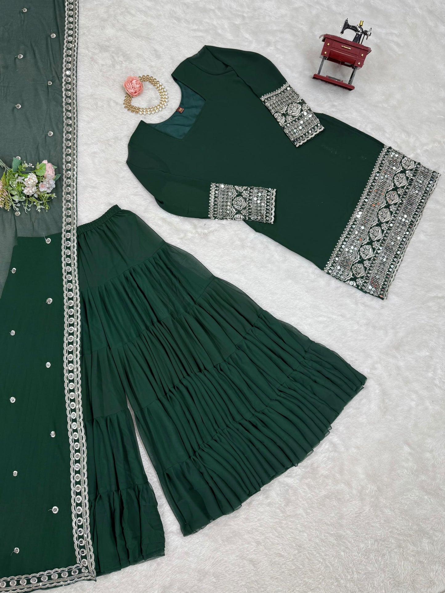 Exclusive Green Color Faux Georgette Thread With 9mm Sequence Work Beautiful Sharara Suit