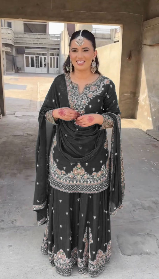 Stunning Black Color Chinon Silk And Thread With Sequence Work Palazzo Suit
