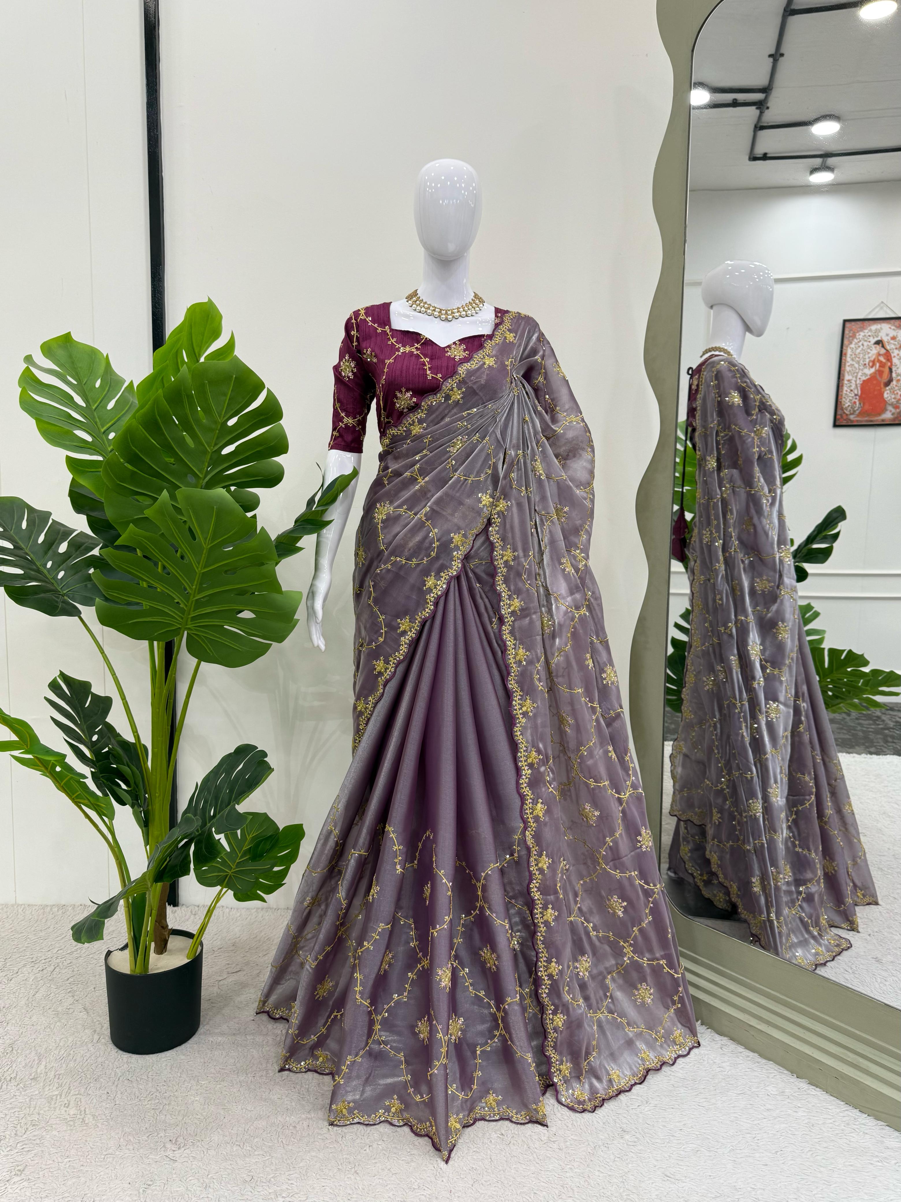 Function Wear Purple Color Heavy Jimmy Chu And Thread With Sequence Work Saree