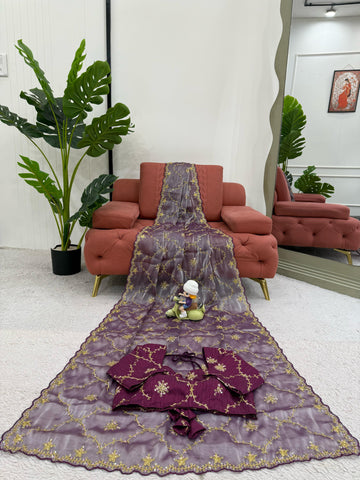 Function Wear Purple Color Heavy Jimmy Chu And Thread With Sequence Work Saree