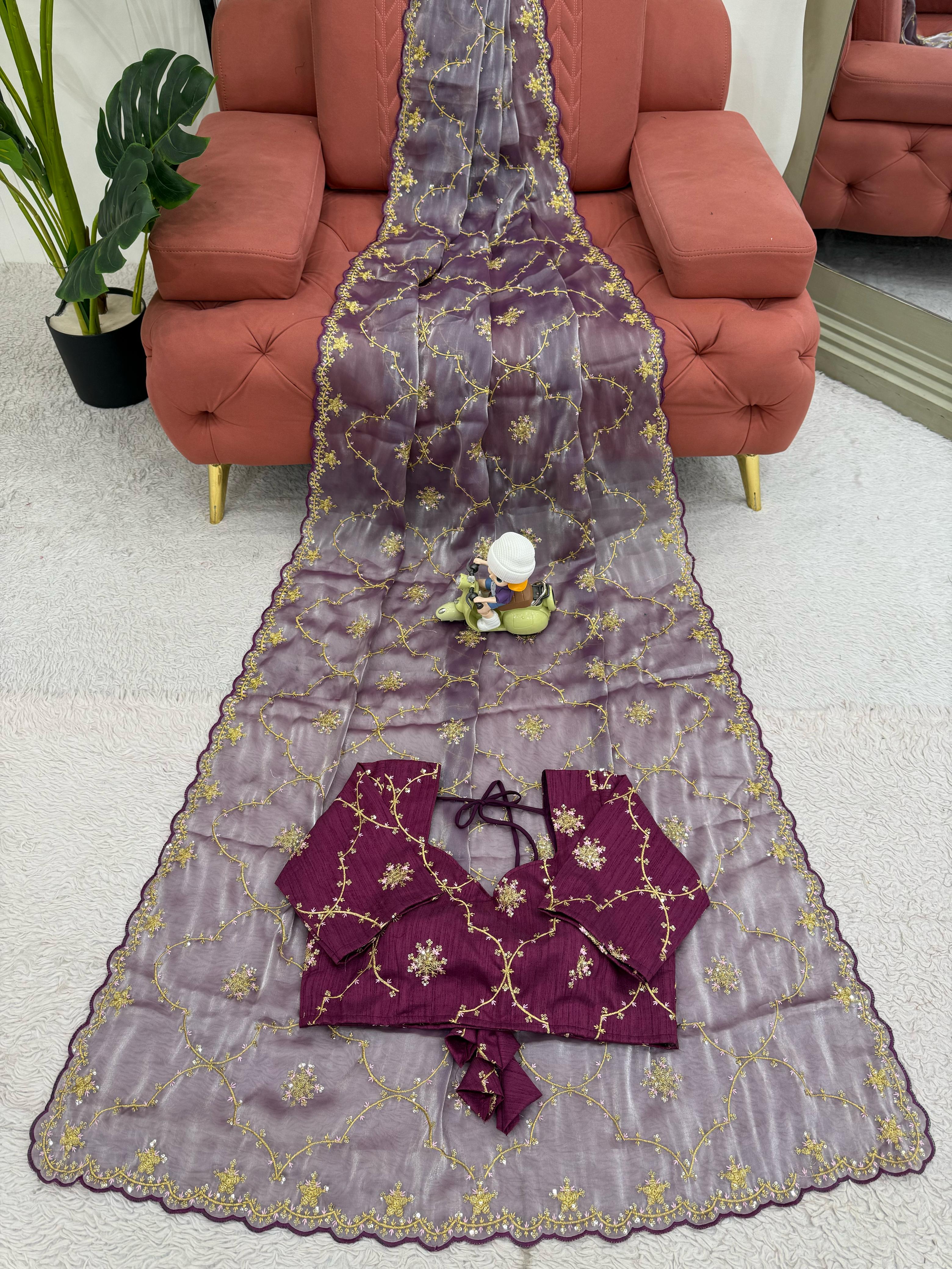 Function Wear Purple Color Heavy Jimmy Chu And Thread With Sequence Work Saree