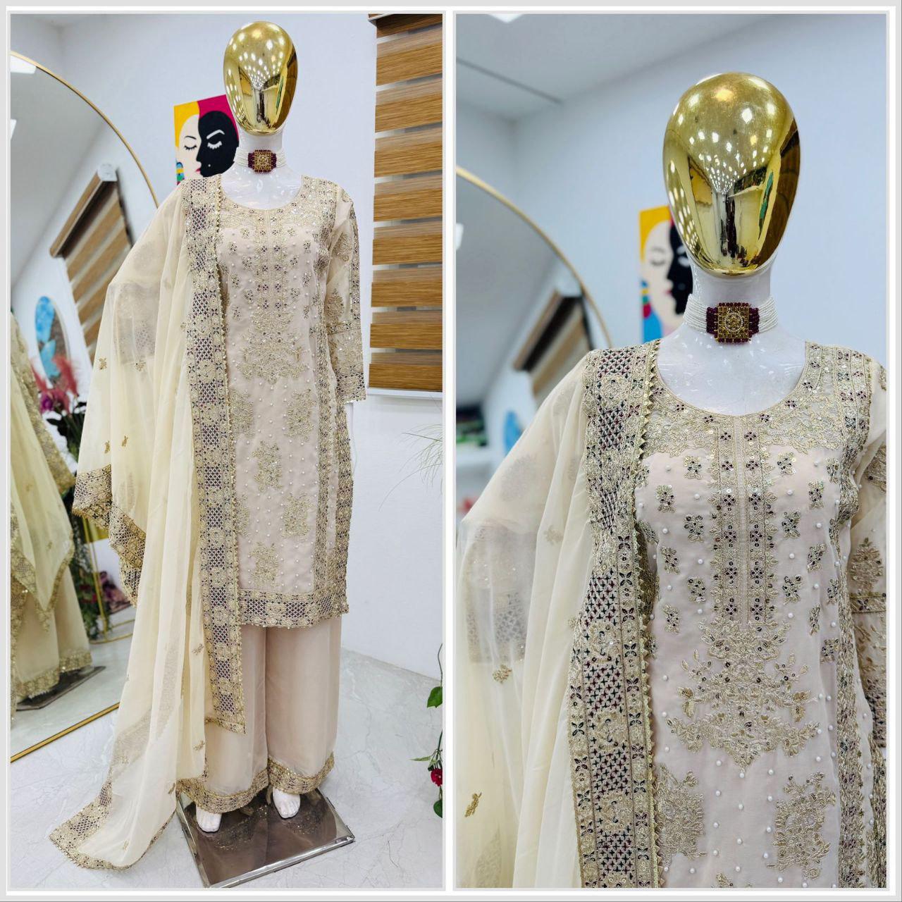 Ceremony Wear Cream Color Sequence Embroidery Work Salwar Suit