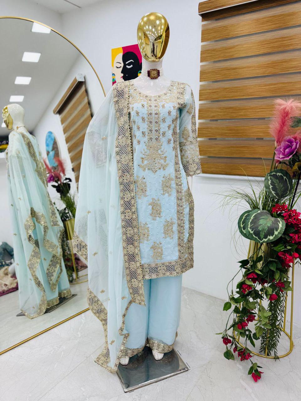 Ceremony Wear Sky Blue Color Sequence Embroidery Work Salwar Suit