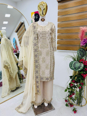 Ceremony Wear Cream Color Sequence Embroidery Work Salwar Suit