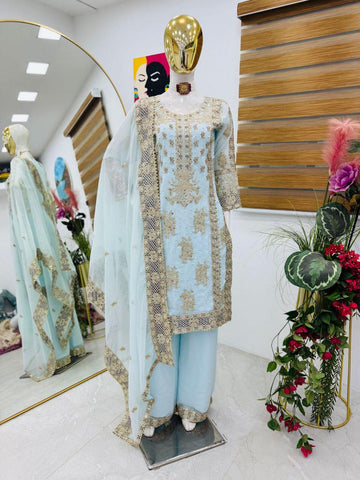 Ceremony Wear Sky Blue Color Sequence Embroidery Work Salwar Suit