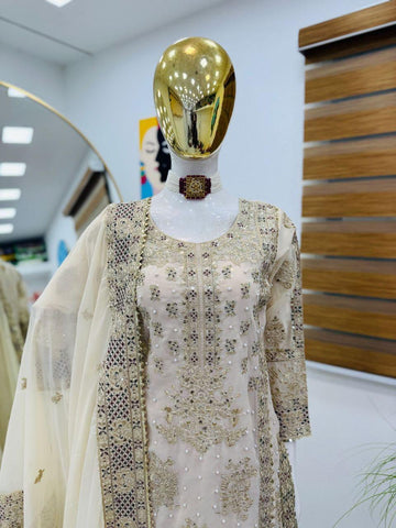 Ceremony Wear Cream Color Sequence Embroidery Work Salwar Suit