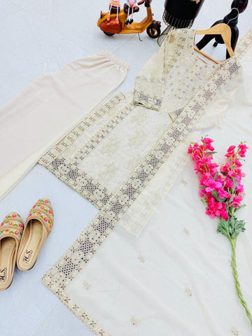 Ceremony Wear Cream Color Sequence Embroidery Work Salwar Suit