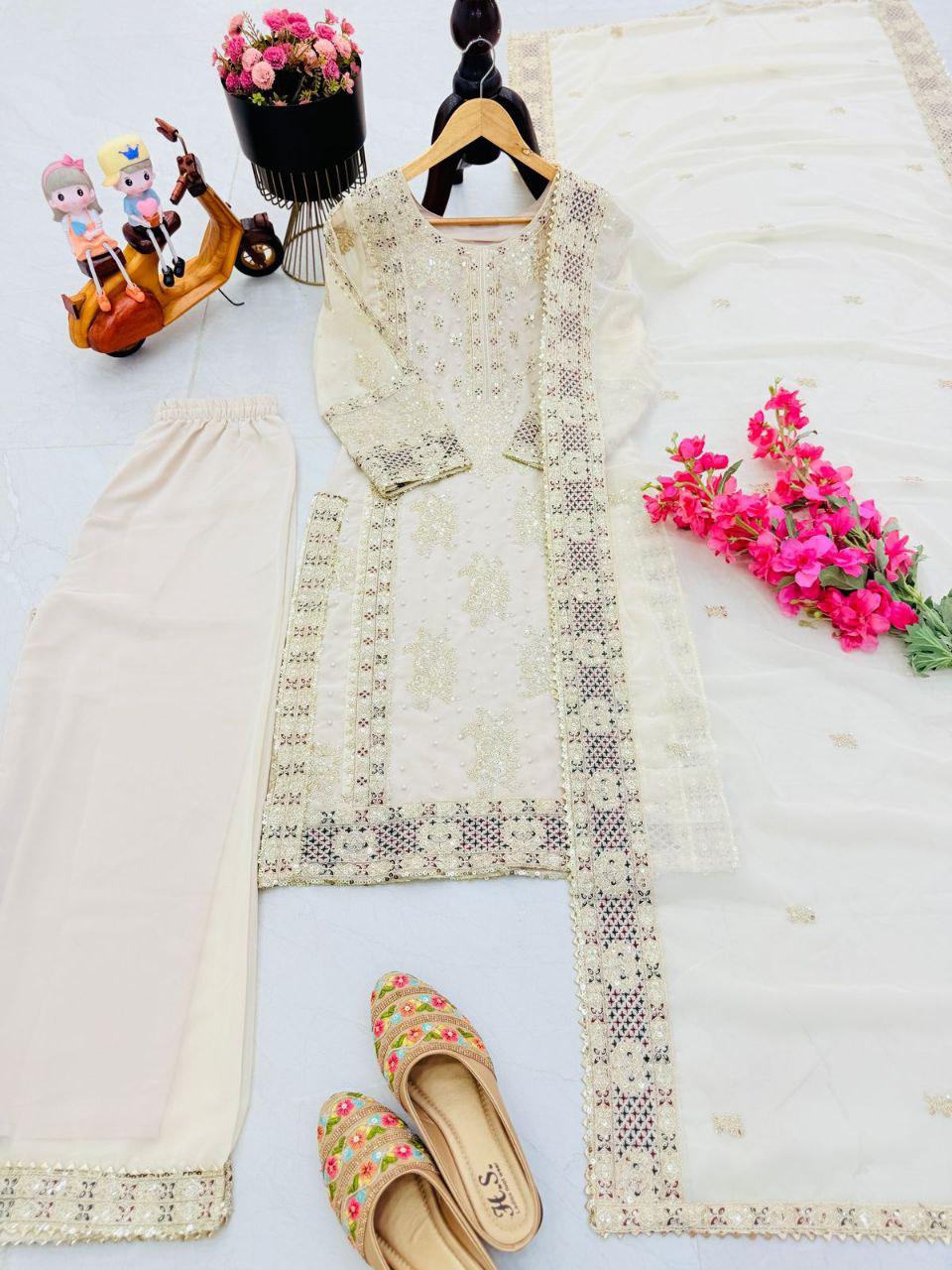 Ceremony Wear Cream Color Sequence Embroidery Work Salwar Suit