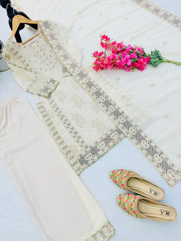 Ceremony Wear Cream Color Sequence Embroidery Work Salwar Suit