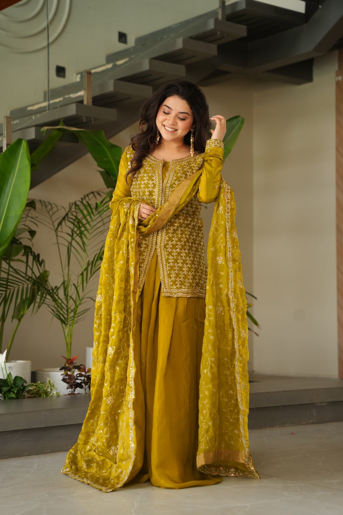 Occasion Wear Mustard Color Beads Embroidered Work Sharara Suit