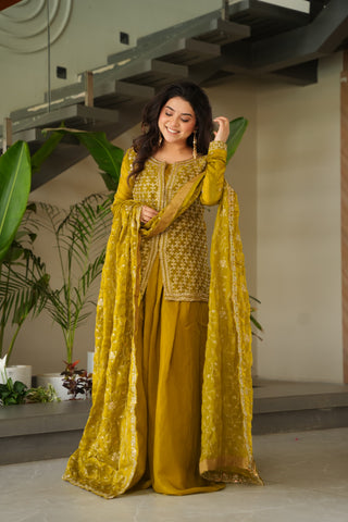 Occasion Wear Mustard Color Beads Embroidered Work Sharara Suit