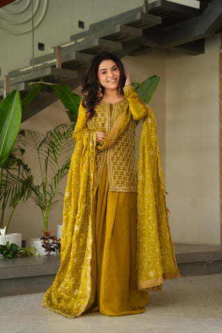 Occasion Wear Mustard Color Beads Embroidered Work Sharara Suit