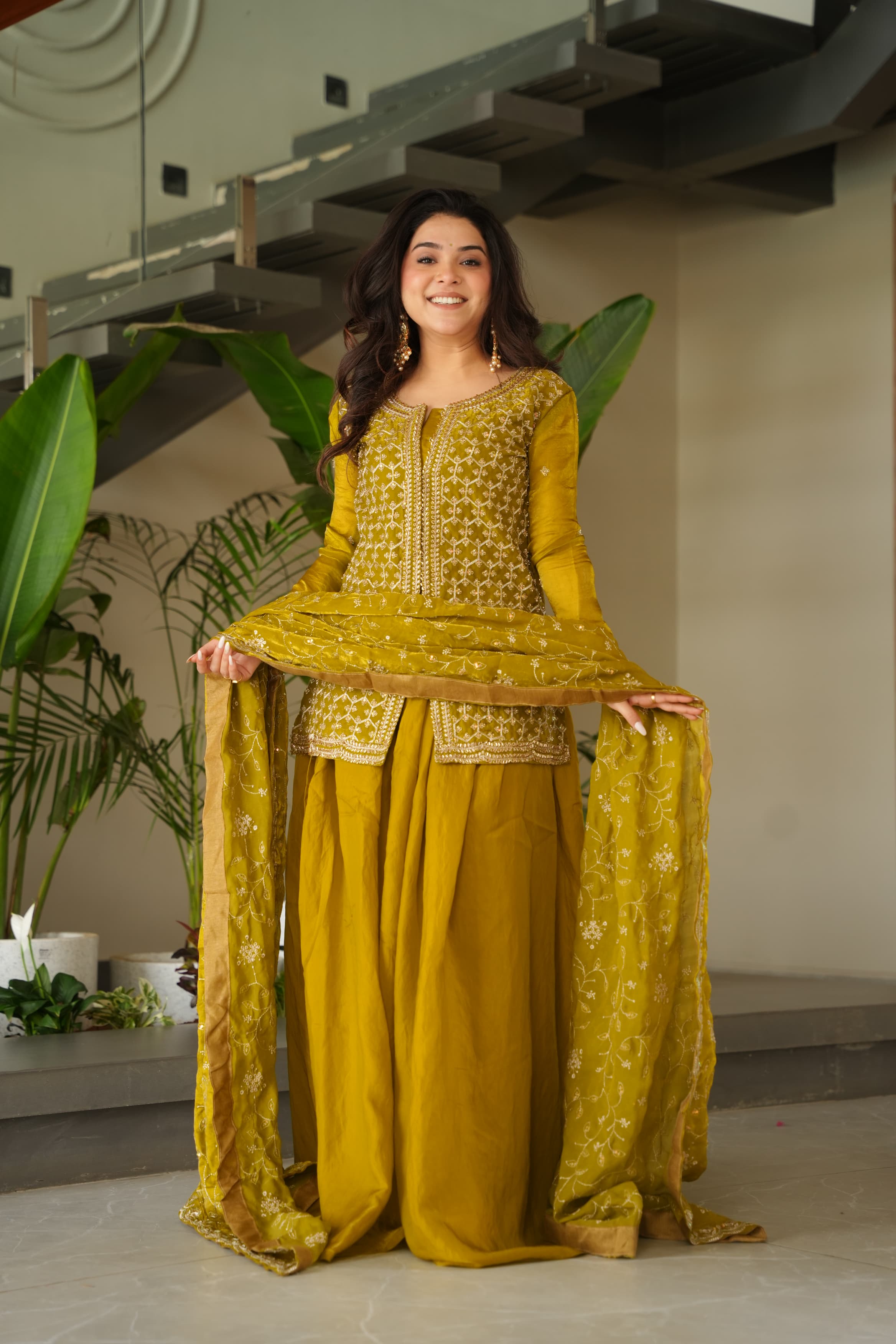 Occasion Wear Mustard Color Beads Embroidered Work Sharara Suit