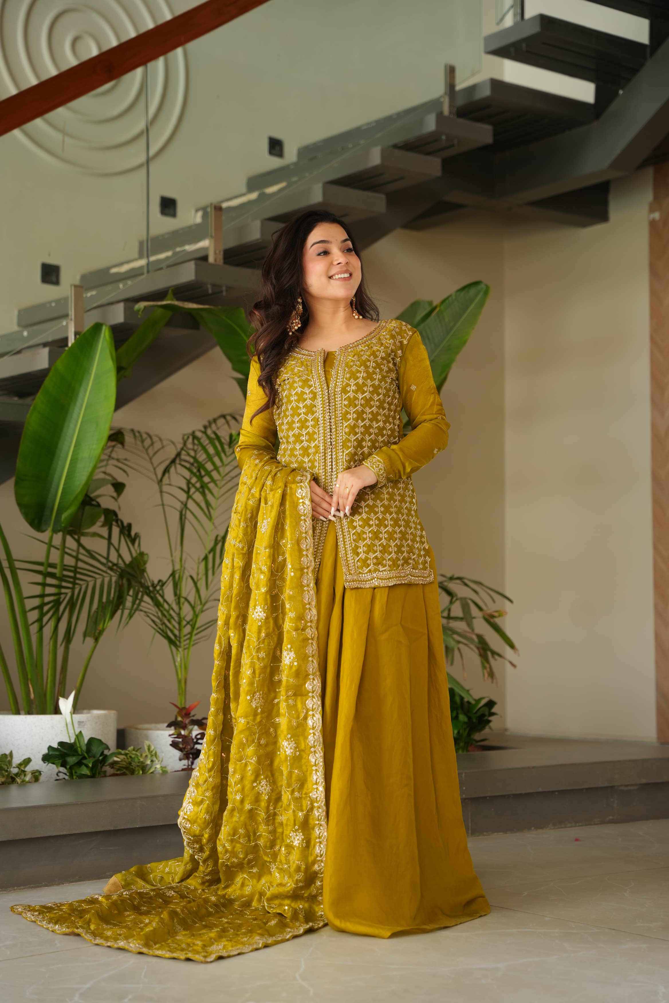 Occasion Wear Mustard Color Beads Embroidered Work Sharara Suit