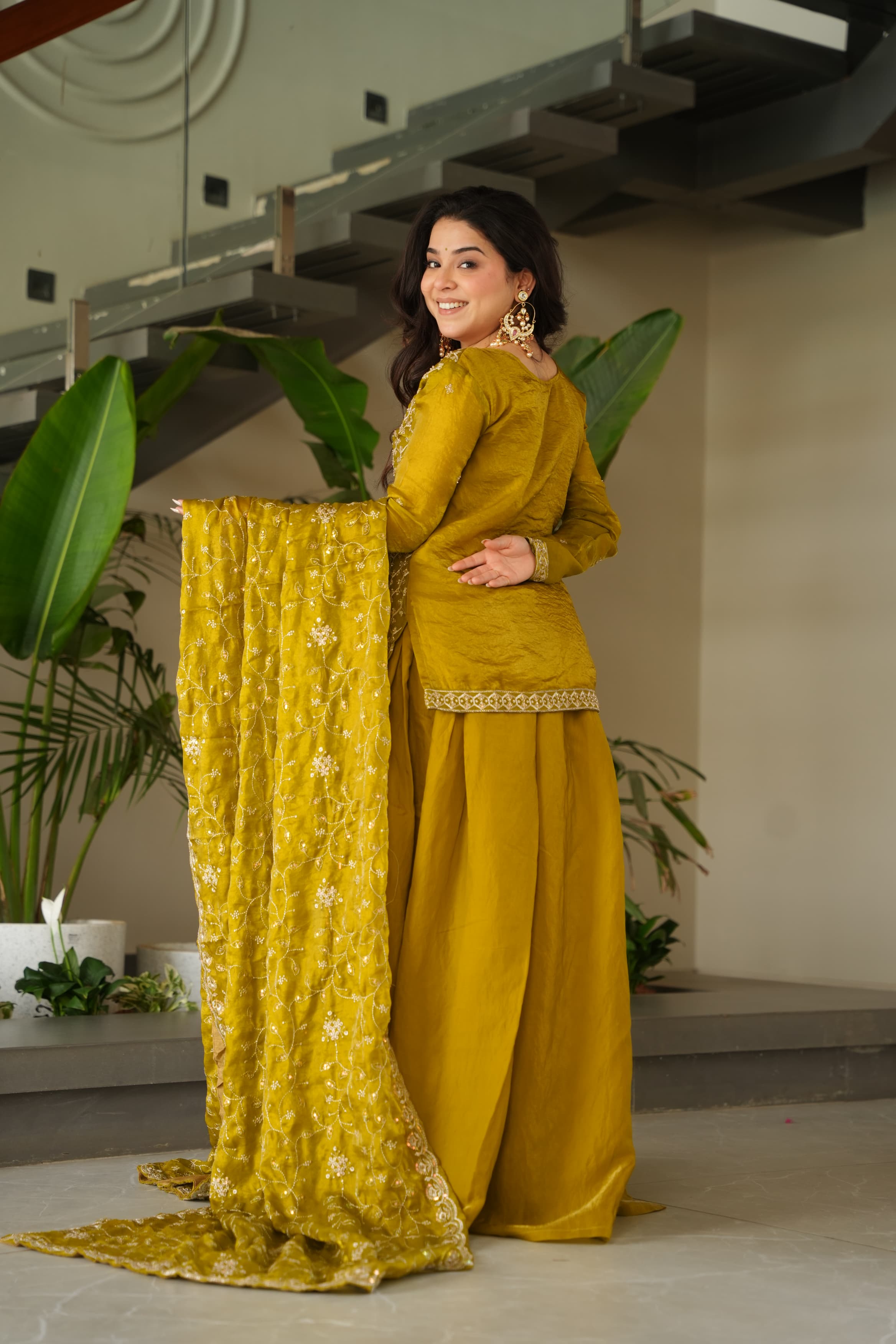 Occasion Wear Mustard Color Beads Embroidered Work Sharara Suit