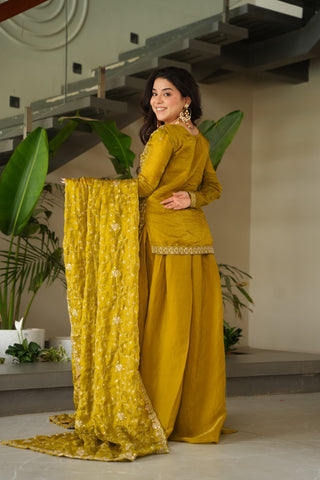 Occasion Wear Mustard Color Beads Embroidered Work Sharara Suit