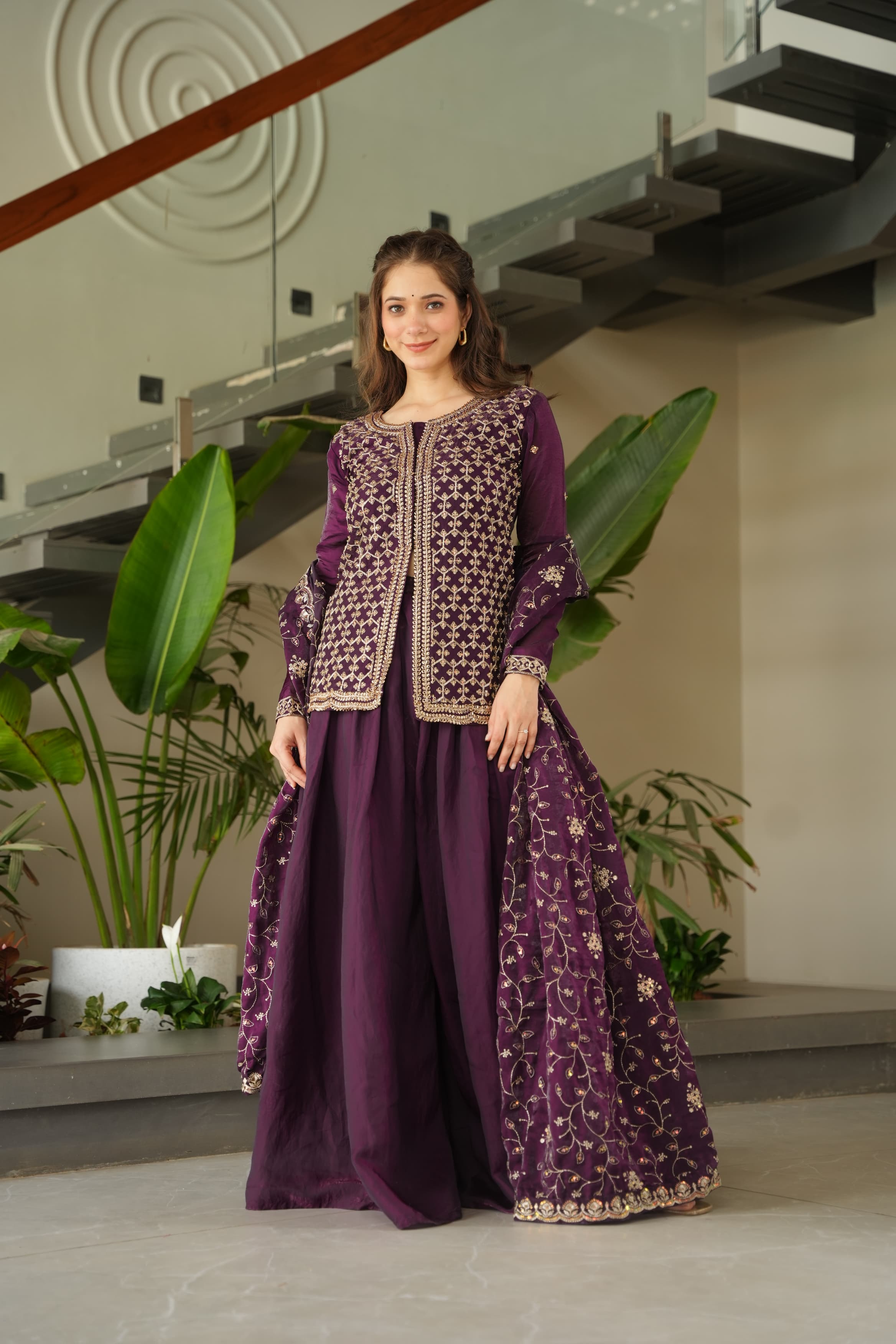 Occasion Wear Purple Color Beads Embroidered Work Sharara Suit