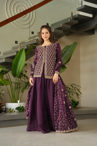Occasion Wear Purple Color Beads Embroidered Work Sharara Suit