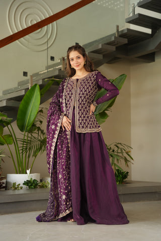 Occasion Wear Purple Color Beads Embroidered Work Sharara Suit