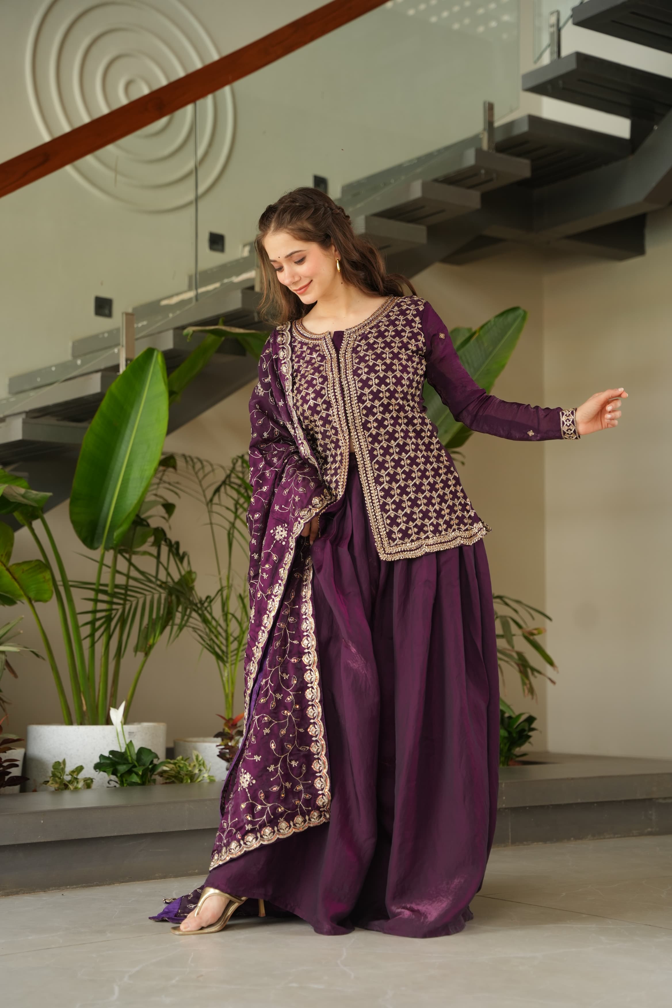 Occasion Wear Purple Color Beads Embroidered Work Sharara Suit