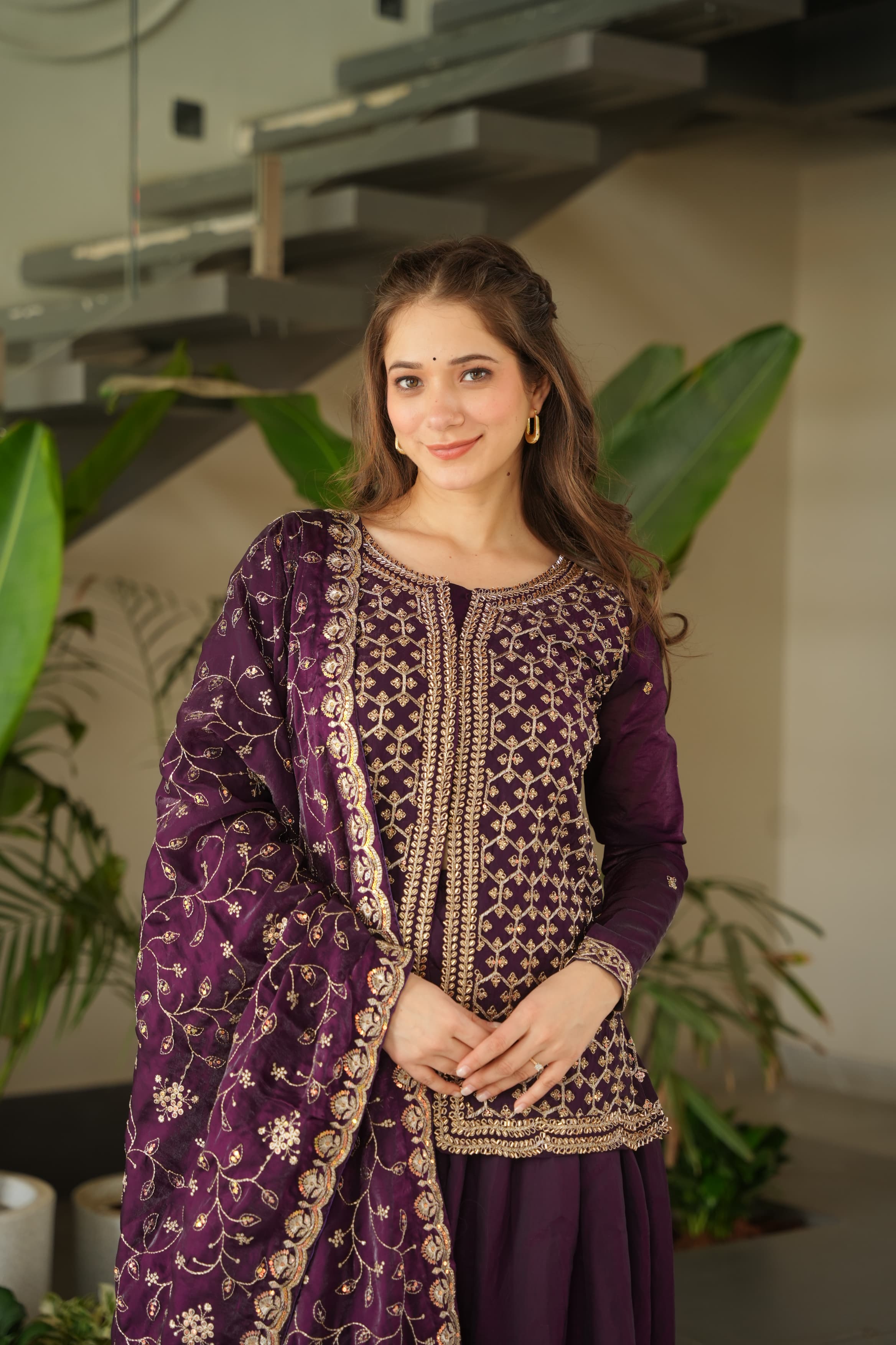 Occasion Wear Purple Color Beads Embroidered Work Sharara Suit