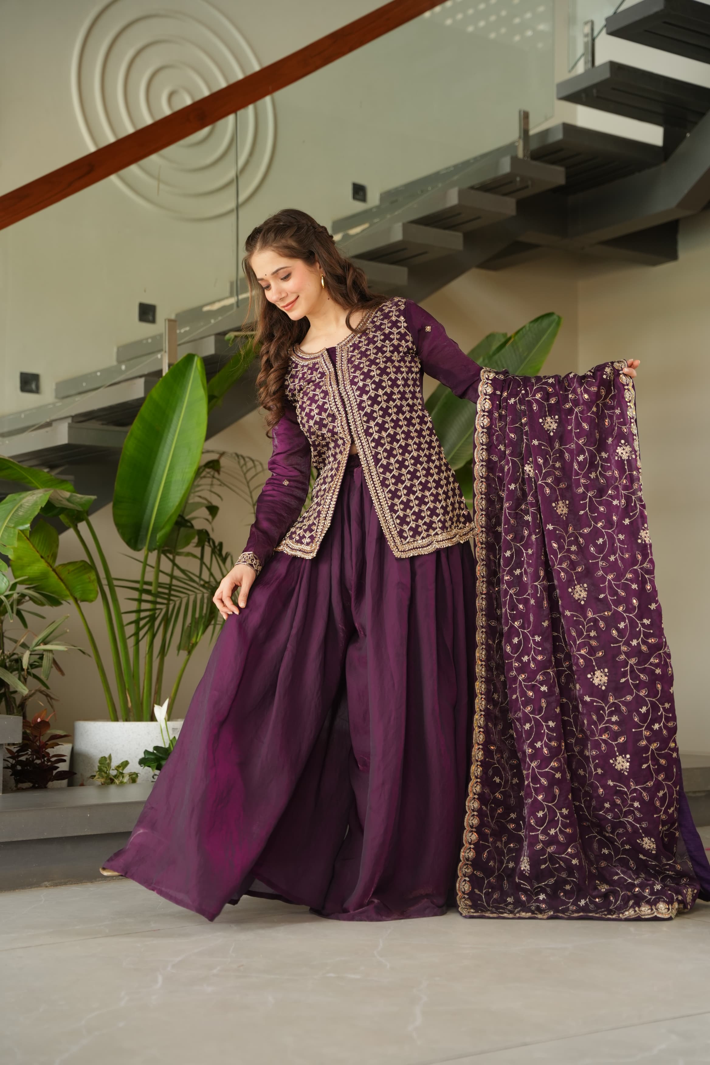 Occasion Wear Purple Color Beads Embroidered Work Sharara Suit