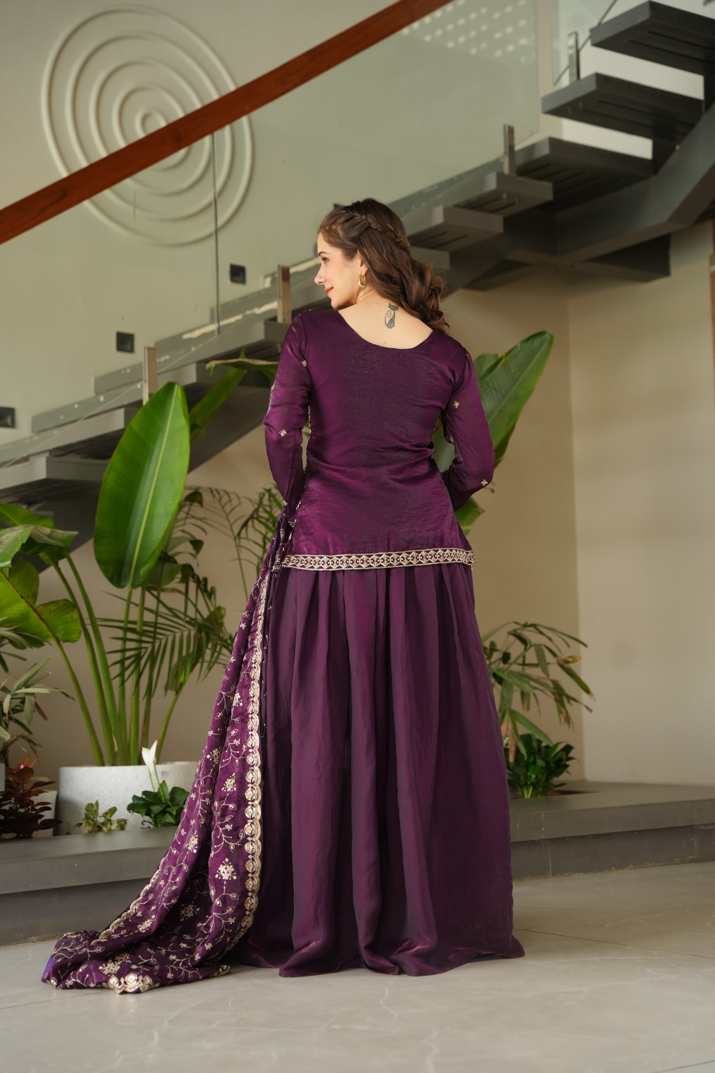 Occasion Wear Purple Color Beads Embroidered Work Sharara Suit