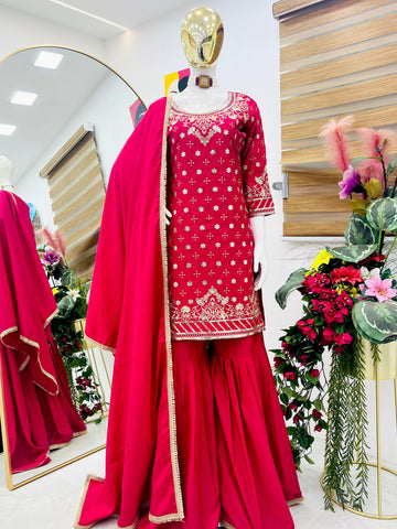 Occasion Wear Pink Color Embroidery With Sequin Work Beautiful Sharara Suit