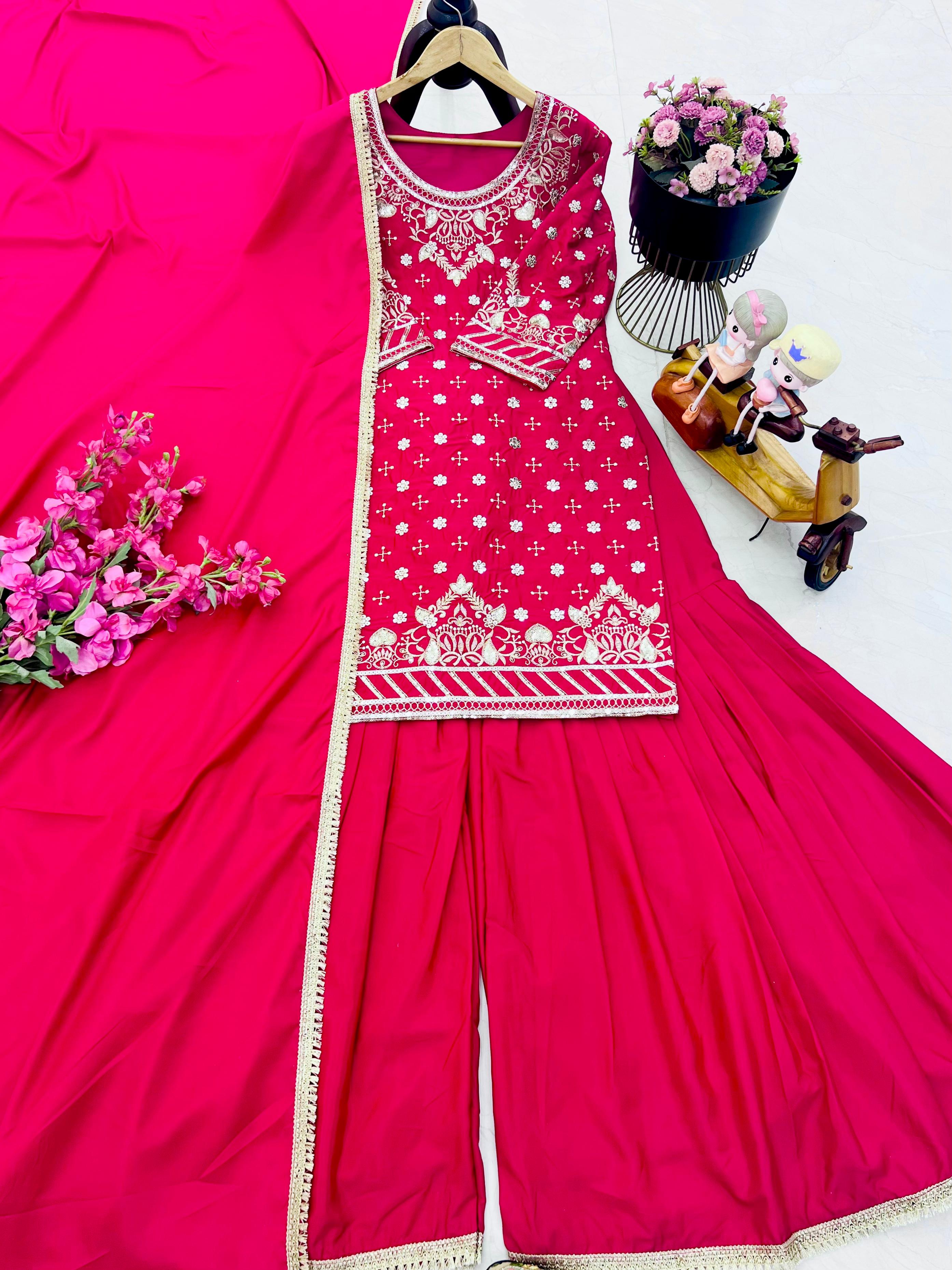 Occasion Wear Pink Color Embroidery With Sequin Work Beautiful Sharara Suit