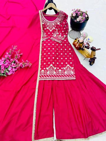 Occasion Wear Pink Color Embroidery With Sequin Work Beautiful Sharara Suit