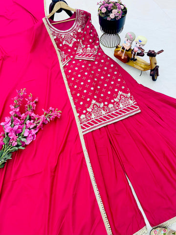 Occasion Wear Pink Color Embroidery With Sequin Work Beautiful Sharara Suit