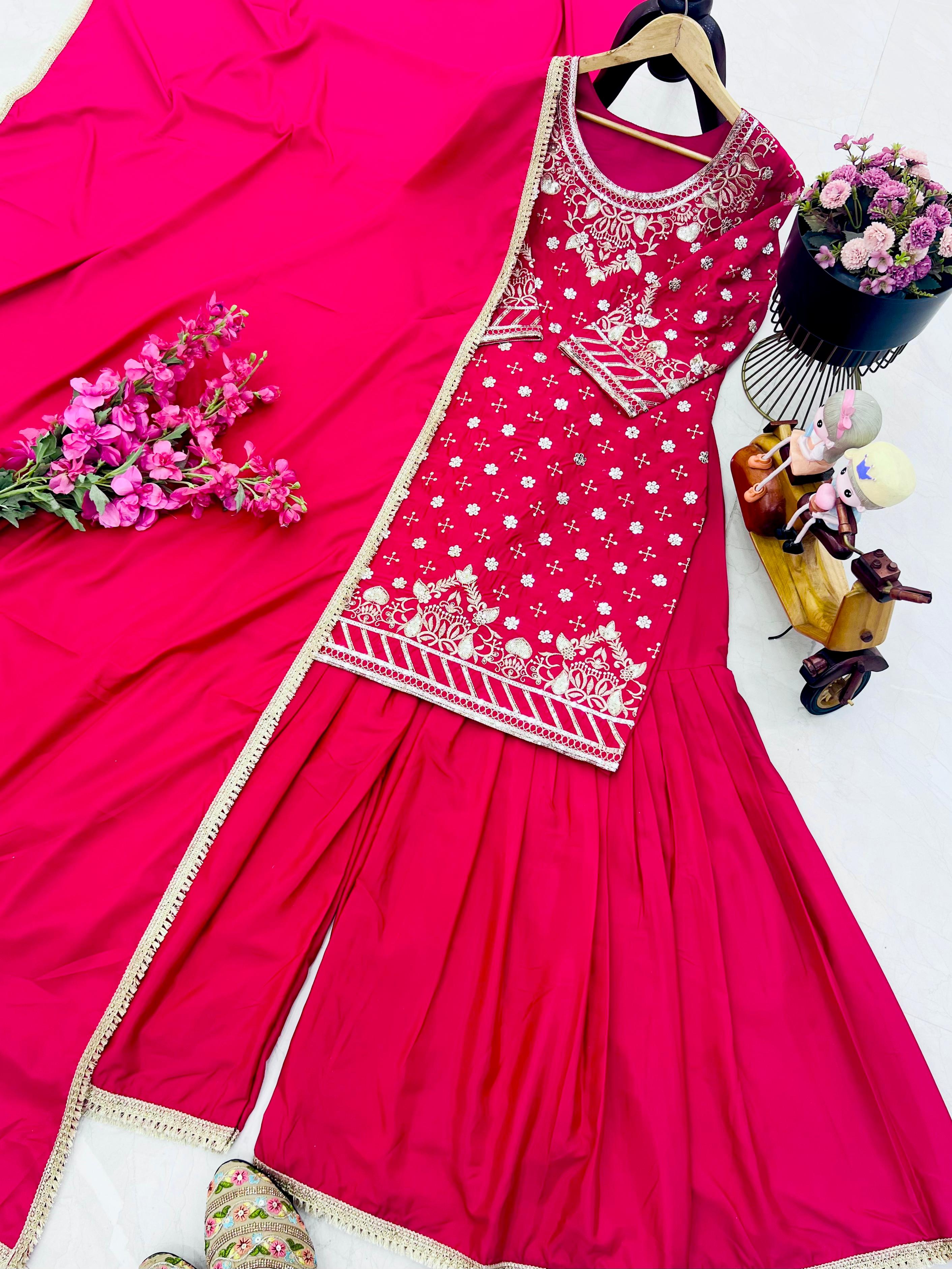 Occasion Wear Pink Color Embroidery With Sequin Work Beautiful Sharara Suit