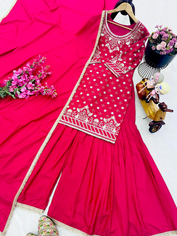 Occasion Wear Pink Color Embroidery With Sequin Work Beautiful Sharara Suit