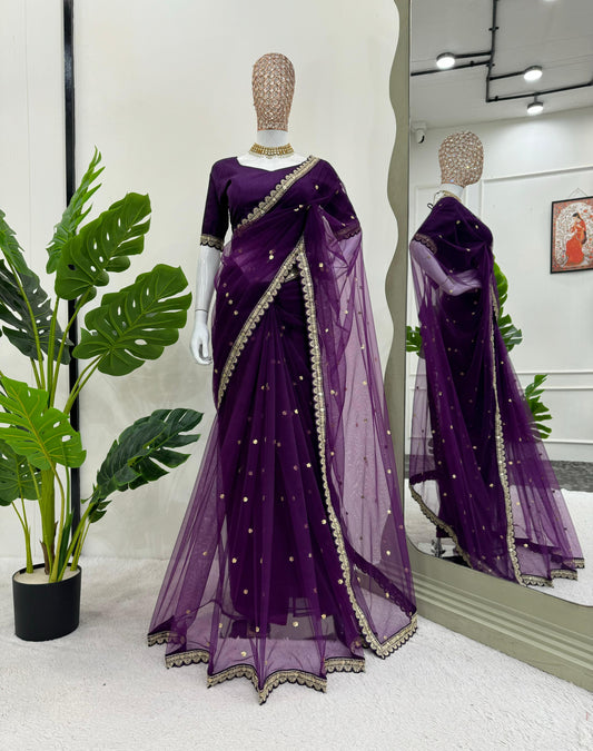 Party Wear Purple Color Soft Net Codding With Sequence Work Designer Saree