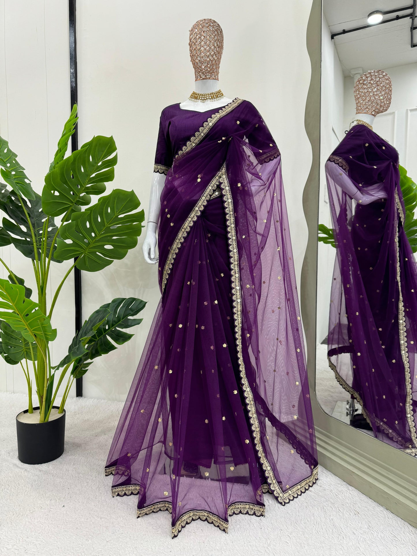 Party Wear Purple Color Soft Net Codding With Sequence Work Designer Saree