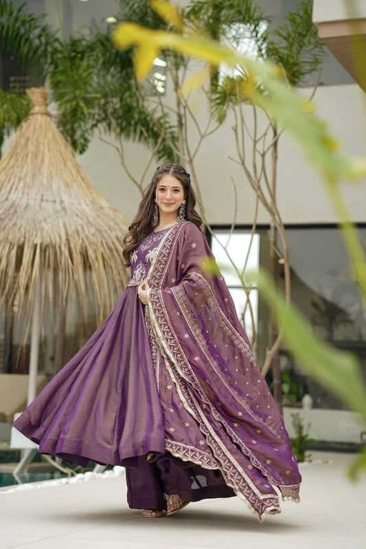 Engagement Wear Lavender Color Gold Crash With Heavy Embroidery Sequence Work With Fully Flair Designer Gown