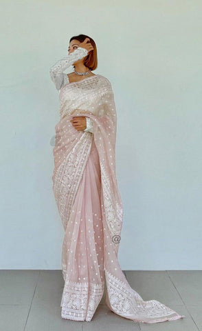 Light Pink Color Thread Work Organza Silk Saree