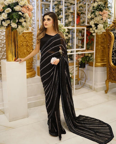 Party Wear Black Color Sequence Saree