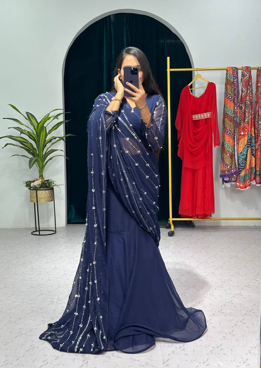 Fashionable Navy Blue Color Lehenga Saree