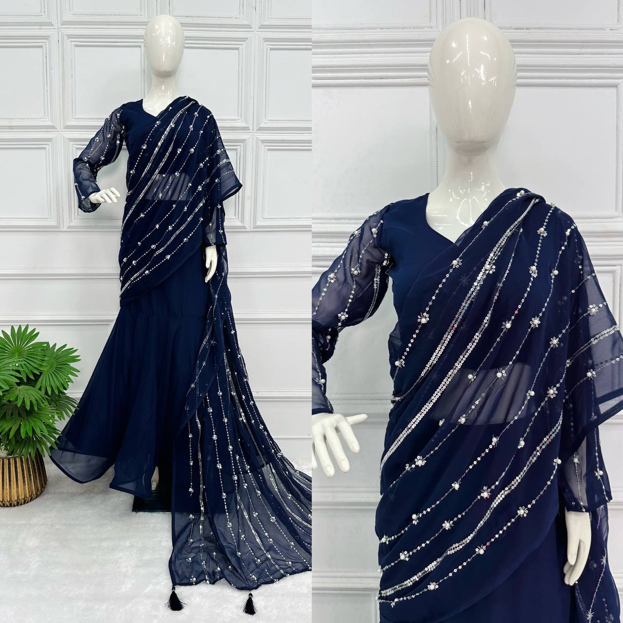 Fashionable Navy Blue Color Lehenga Saree