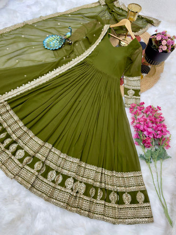 Mehendi Function Wear Embroidery Work Long Gown
