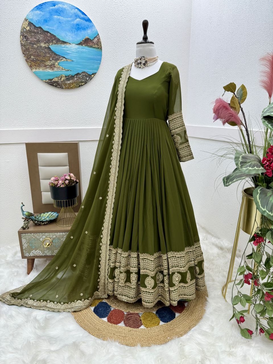 Mehendi Function Wear Embroidery Work Long Gown