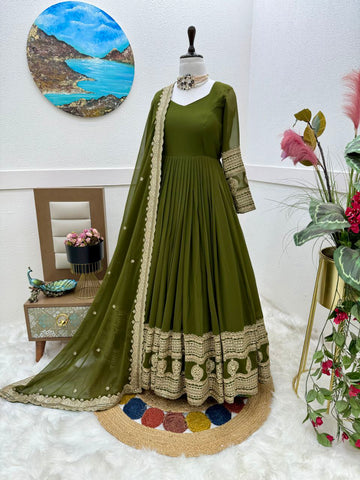 Mehendi Function Wear Embroidery Work Long Gown